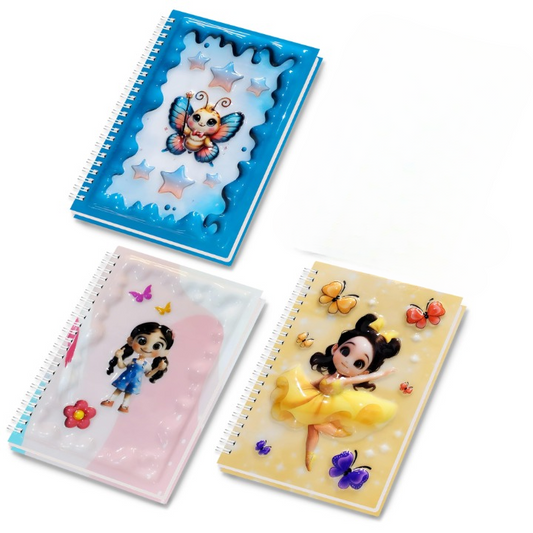 A5 Boyutunda  Parlak Yüzeyli 3 Boyutlu  Spiralli Defter  3'lü Koleksiyon kelebek peri , sarı elbiseli kız , küçük kız ve kelebekler