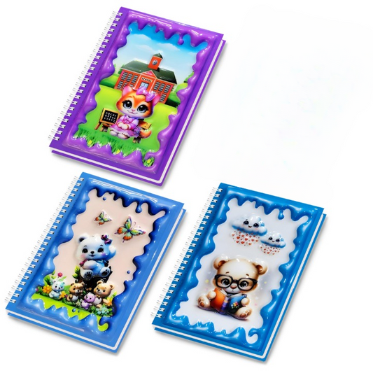 A5 Boyutunda  Parlak Yüzeyli 3 Boyutlu  Spiralli Defter  3'lü Koleksiyon sevimli kaplumbağa , ayıcık ailesi  , kitap okuyan ayıcık