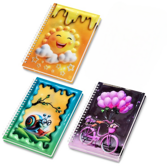 A5 Boyutunda  Parlak Yüzeyli 3 Boyutlu  Spiralli Defter  3'lü Koleksiyon gülen güneş , kitap okuyan salyangoz , pembe balonlu bisiklet