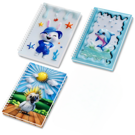 A5 Boyutunda  Parlak Yüzeyli 3 Boyutlu  Spiralli Defter  3'lü Koleksiyon  sevimli tavşan , papağan ve güneş , sevimli dolphin