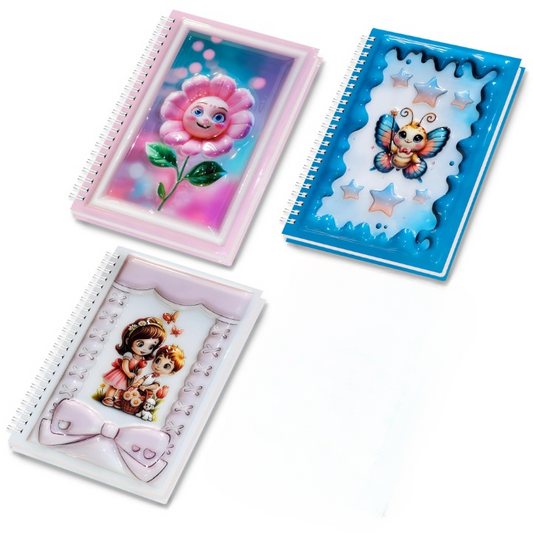 A5 Boyutunda  Parlak Yüzeyli 3 Boyutlu  Spiralli Defter  3'lü Koleksiyon sevimli çift , gülen çiçek , kelebek peri