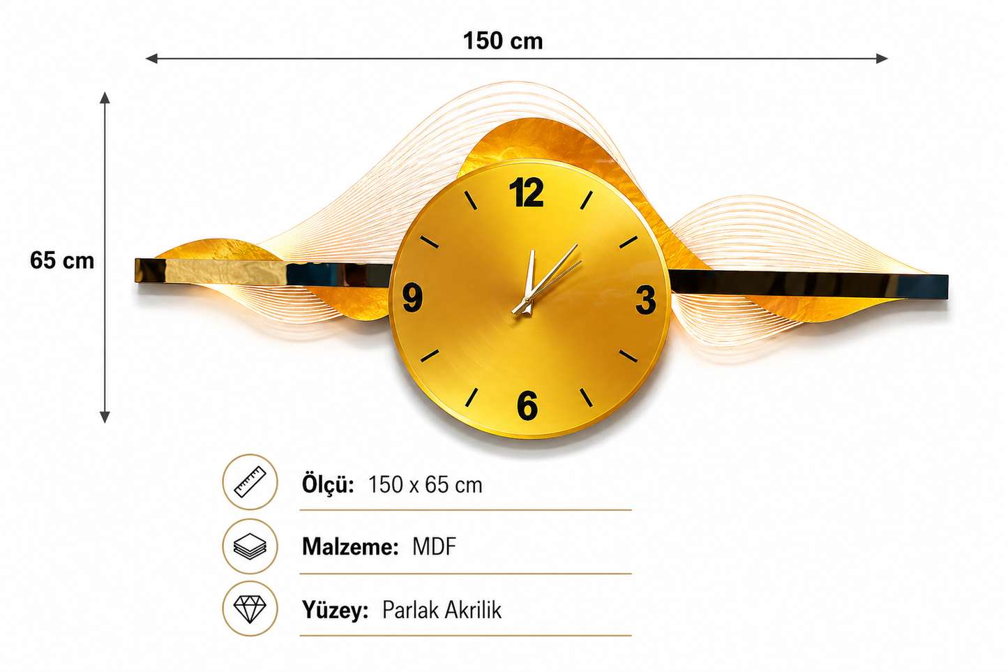 Altın Dalga LED Duvar Saati (65×150 cm)