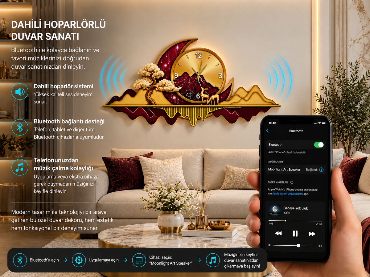 ساعة حائط LED بتصميم الجبل والهلال الذهبي (70×150 سم) – مكبر صوت بلوتوث-WA-10120-2D