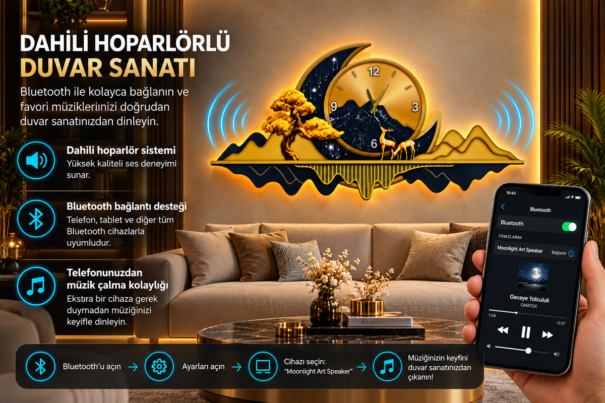 Siyah ve Altın Hilal Dağ LED Duvar Saati (70×150 cm) – Bluetooth Hoparlör