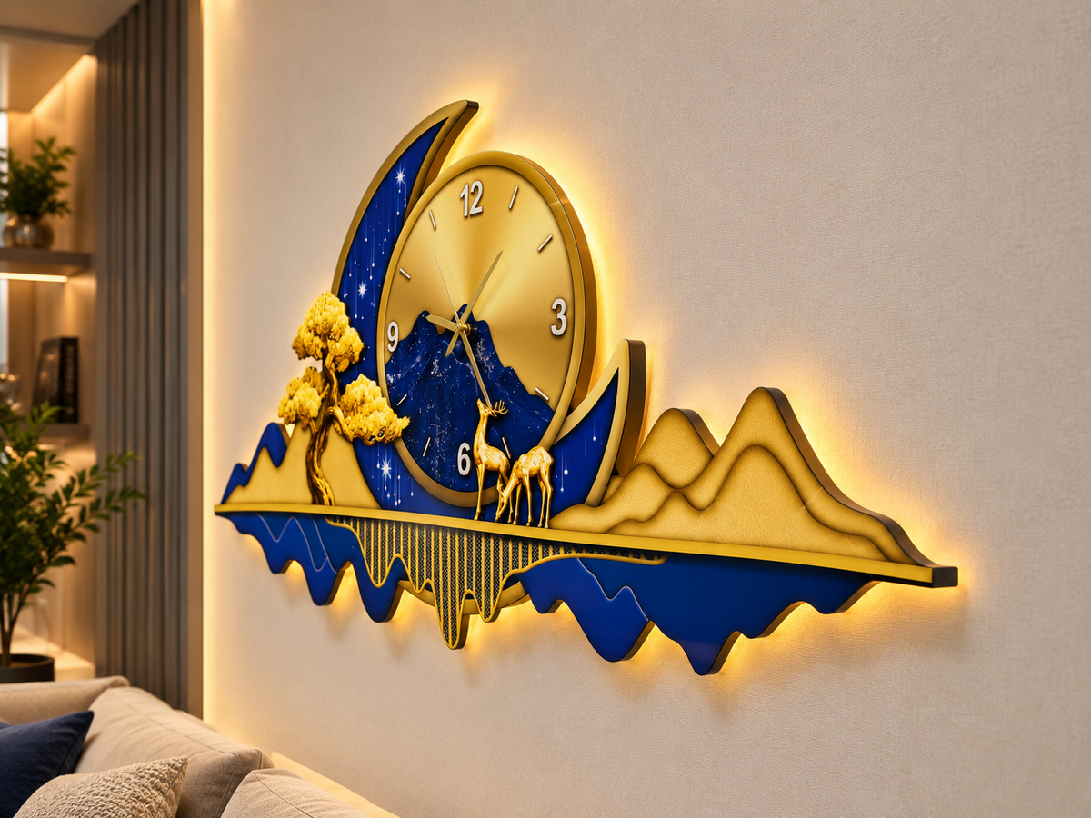 ساعة حائط LED بتصميم الجبل والهلال الذهبي (70×150 سم) – مكبر صوت بلوتوث-WA-10120-2D