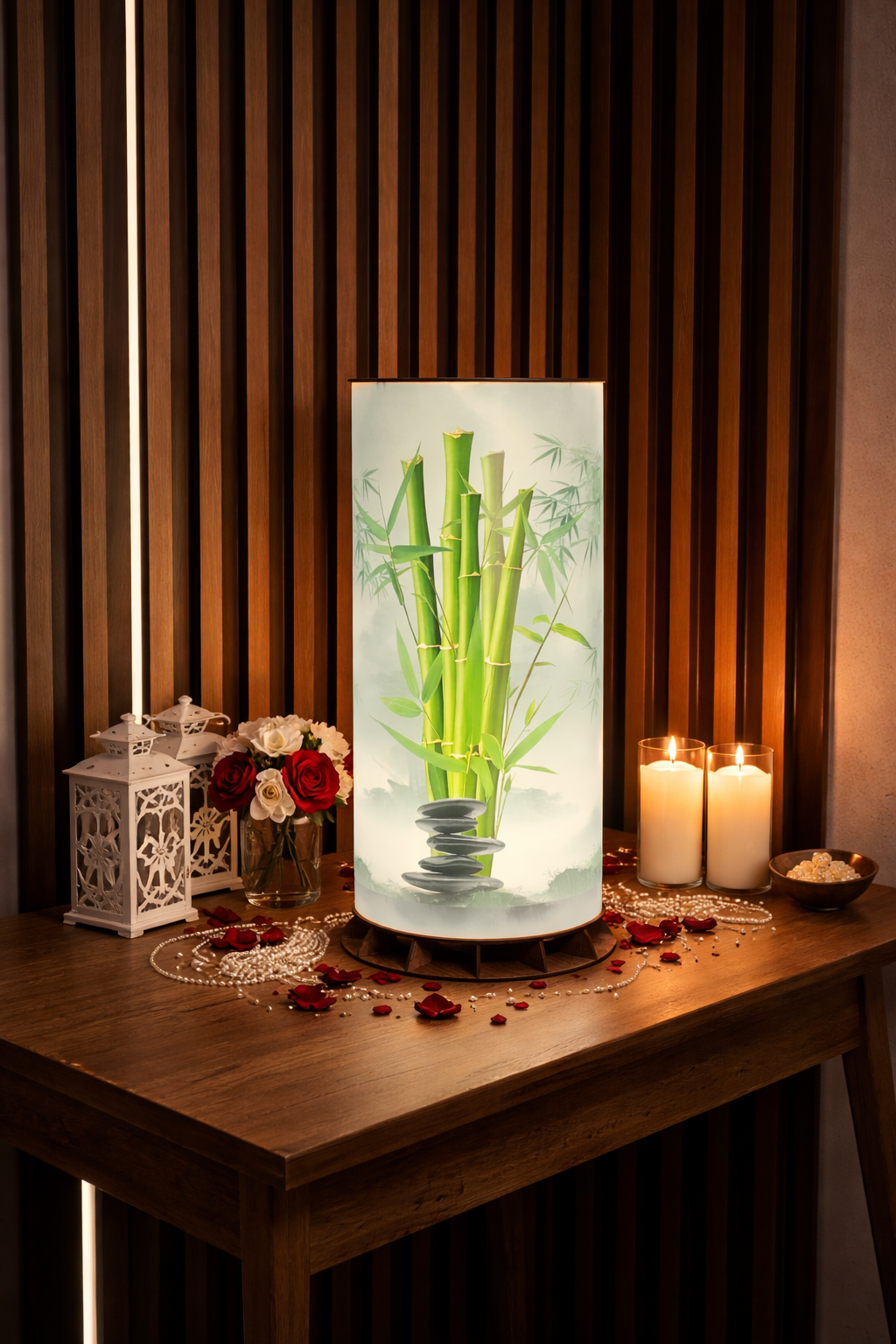 🎋 Bambu ve Zen Taşları Desenli LED Masa Lambası – Dekoratif Ortam Aydınlatması – 50 cm