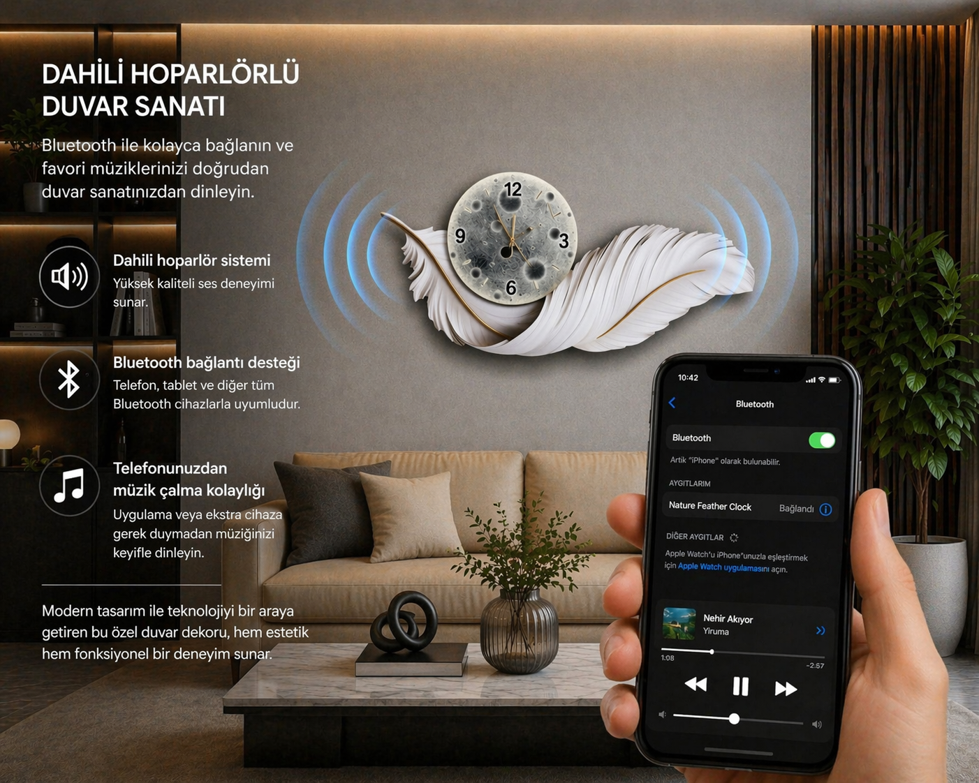 Ay Tüyü Akıllı LED Duvar Saati (70×150 cm) – Bluetooth Hoparlör