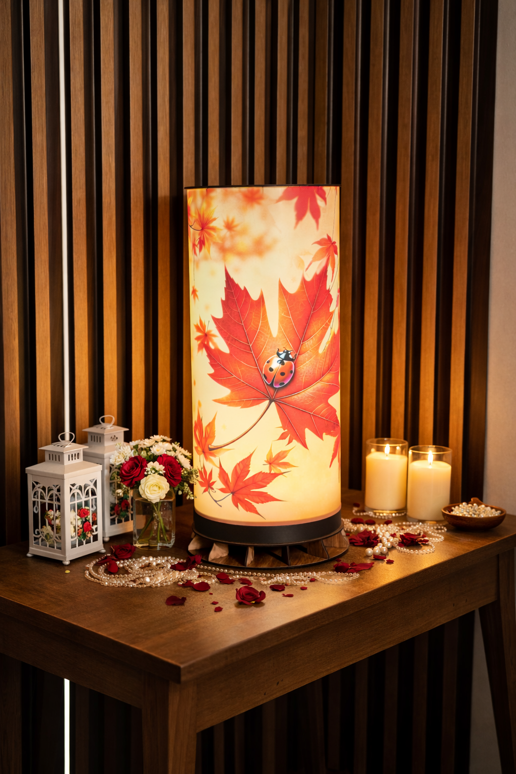 🍁 Sonbahar Yaprağı ve Uğur Böceği Desenli LED Masa Lambası – Dekoratif Ortam Aydınlatması – 50 cm