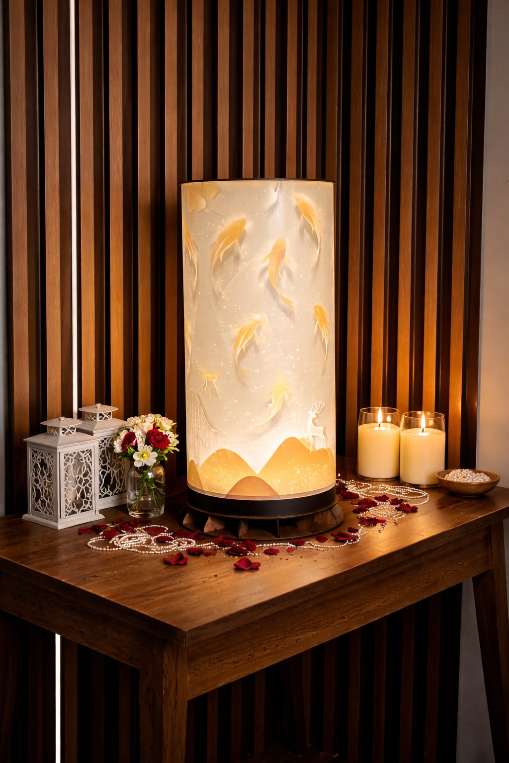✨ Altın Tüy ve Dağ Manzaralı LED Masa Lambası – Dekoratif Ortam Aydınlatması – 50 cm