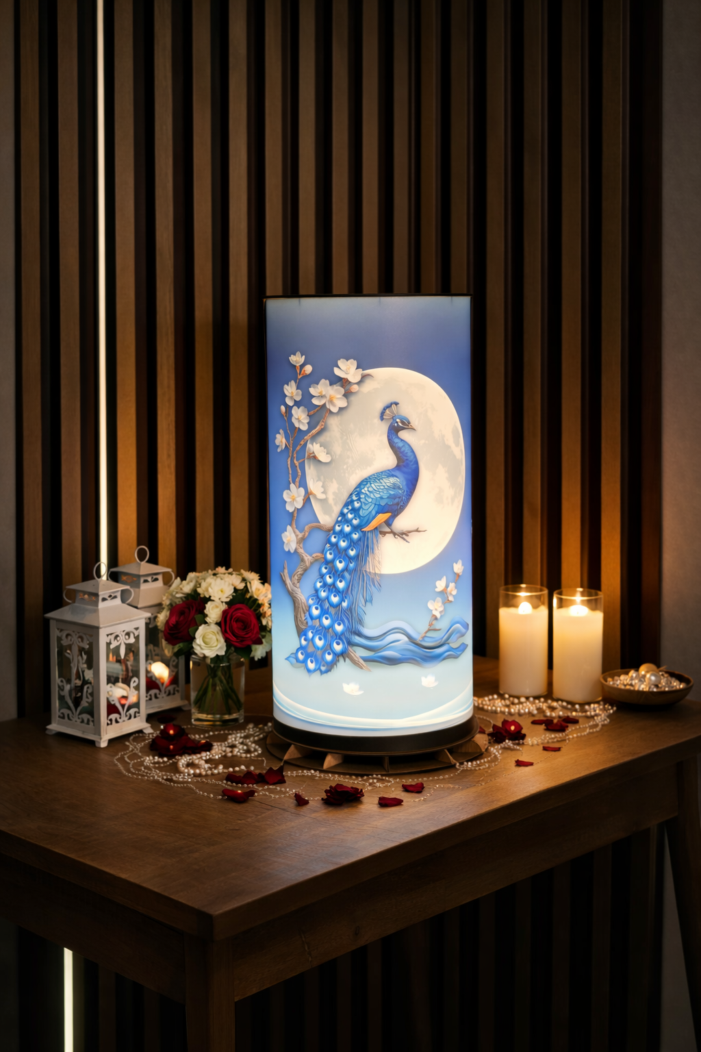 🦚 Tavus Kuşu ve Dolunay Desenli LED Masa Lambası – Dekoratif Ortam Aydınlatması – 50 cm