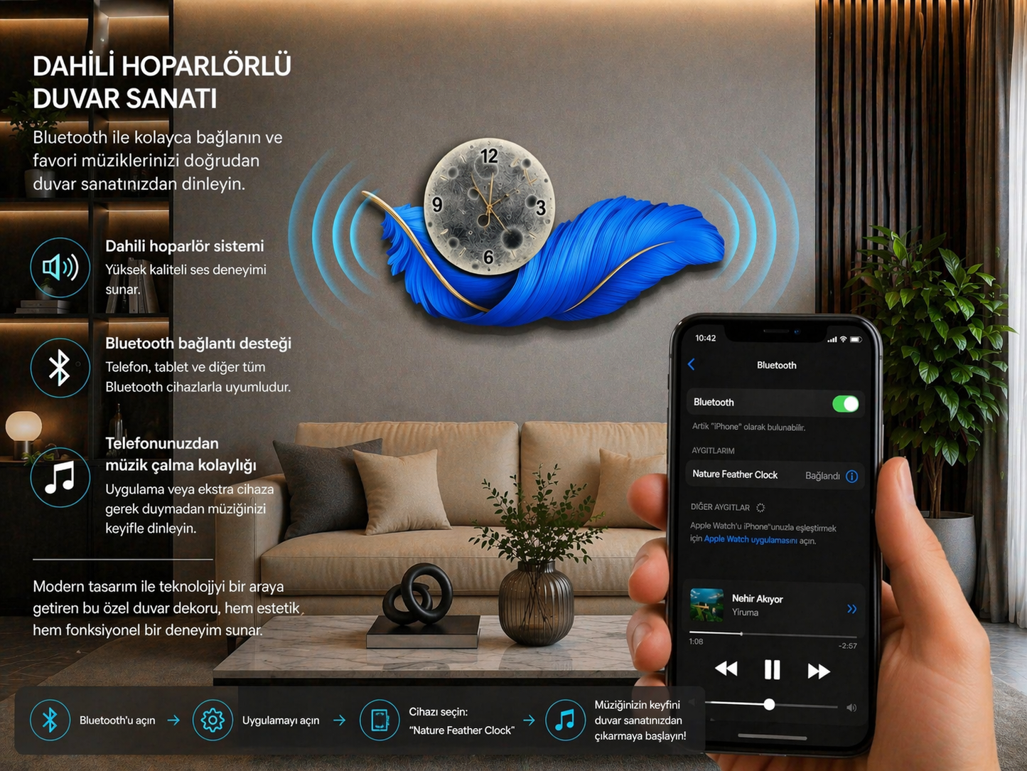 Okyanus Tüyü Akıllı LED Duvar Saati (70×150 cm) – Bluetooth Hoparlör