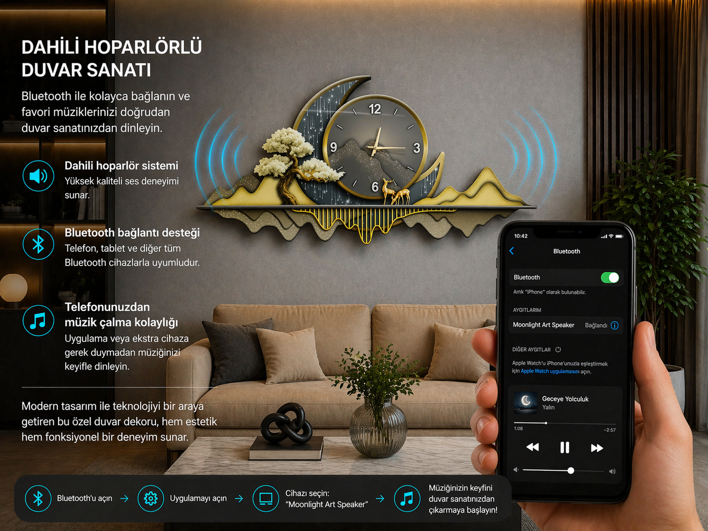 Altın Hilal Dağ LED Duvar Saati (70×150 cm) – Bluetooth Hoparlör