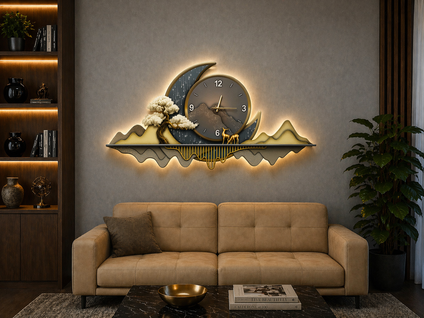 Altın Hilal Dağ LED Duvar Saati (70×150 cm) – Bluetooth Hoparlör