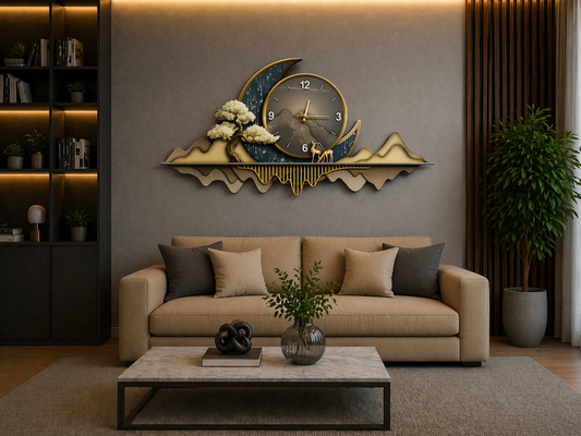 Altın Hilal Dağ LED Duvar Saati (70×150 cm) – Bluetooth Hoparlör