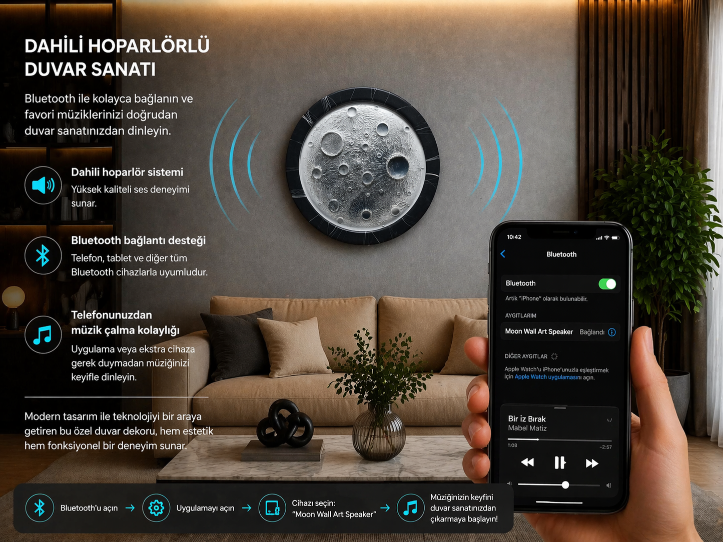 Ay Yüzeyi LED Duvar Sanatı (60 cm) – Bluetooth Hoparlörlü