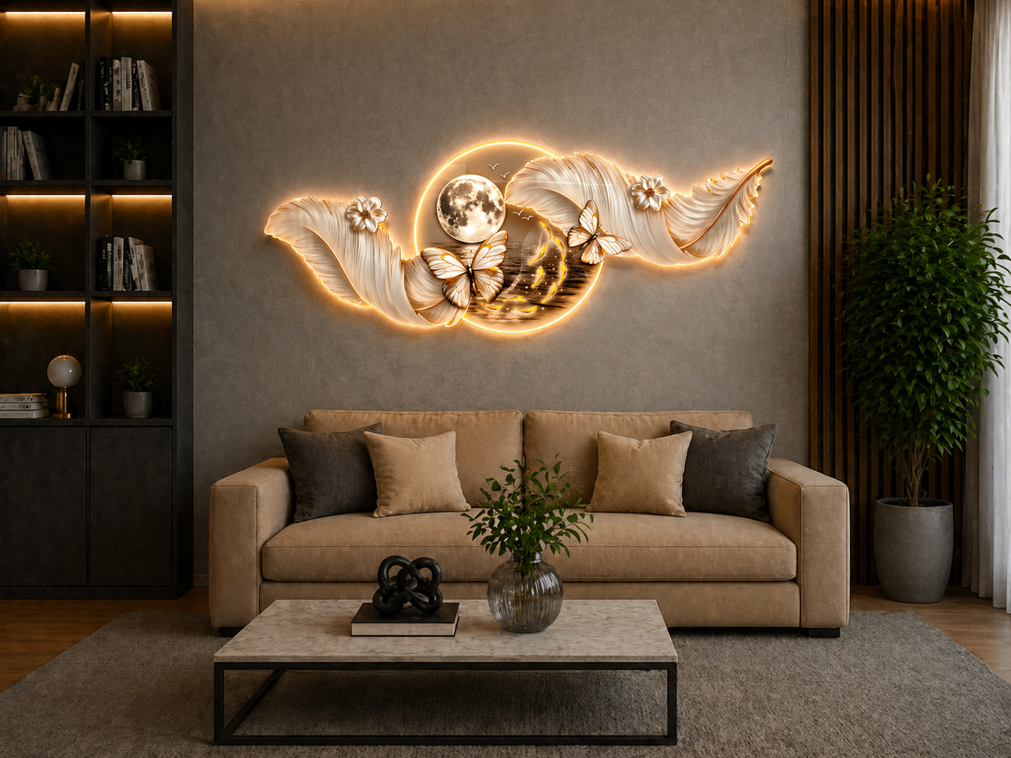 Ay & Kelebek LED Duvar Sanatı (70×150 cm) – Bluetooth Hoparlörlü