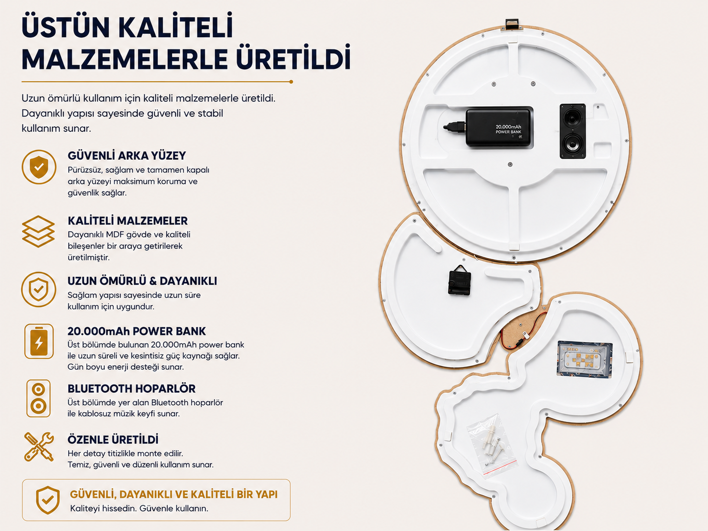 Ay Tonlarında  Saat ve Altın Balık Figürlü Işıklı Duvar Tablosu (85 cm x 140 cm) – Bluetooth Hoparlör-WA-10096-2D