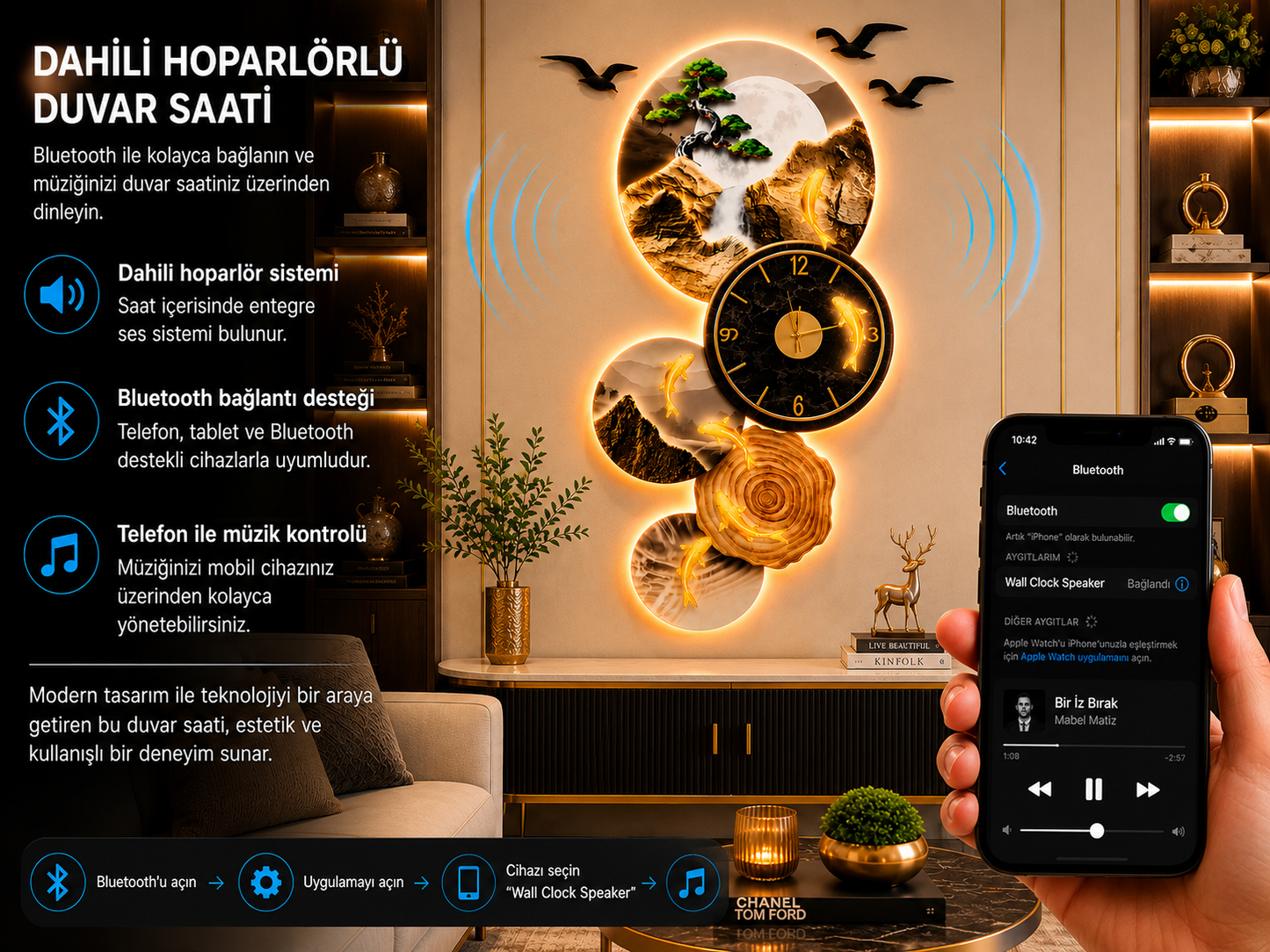Ay Tonlarında  Saat ve Altın Balık Figürlü Işıklı Duvar Tablosu (85 cm x 140 cm) – Bluetooth Hoparlör-WA-10096-2D