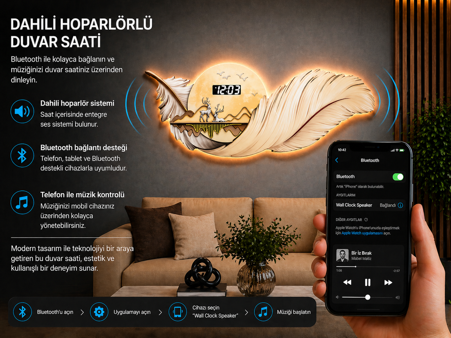 Krem Esinti LED Duvar Saati (70×150 cm) – Bluetooth Hoparlör