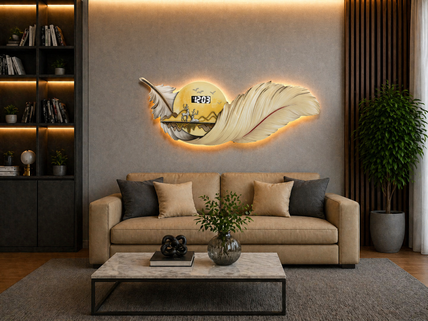 Krem Esinti LED Duvar Saati (70×150 cm) – Bluetooth Hoparlör