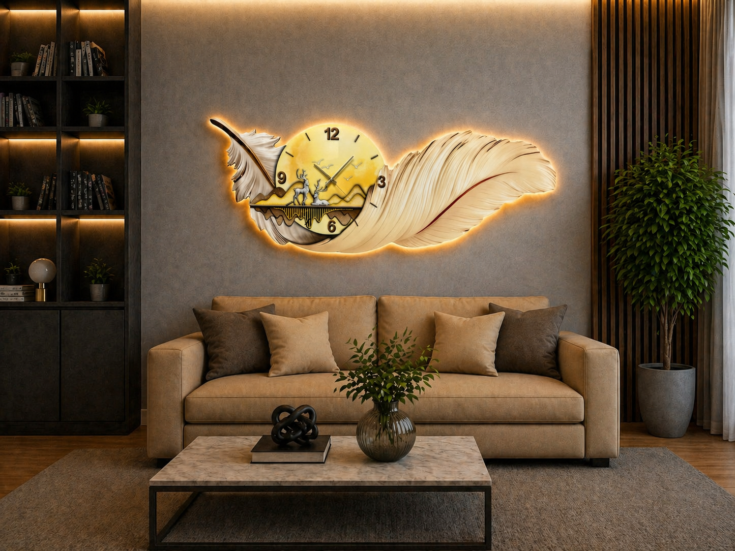 Krem Esinti LED Duvar Saati (70×150 cm) – Bluetooth Hoparlör