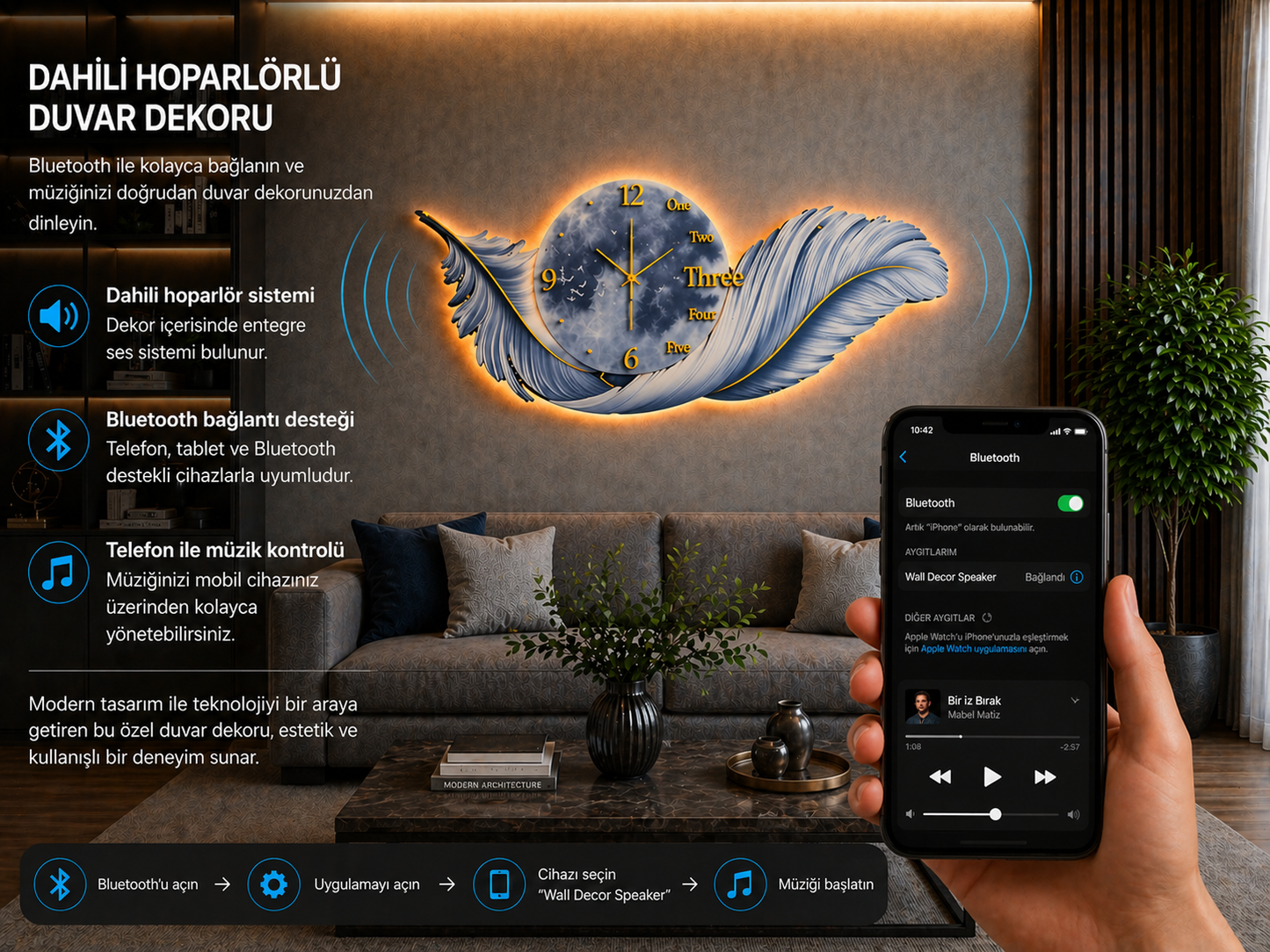 Gümüş Esinti LED Duvar Saati (70×150 cm) – Bluetooth Hoparlör