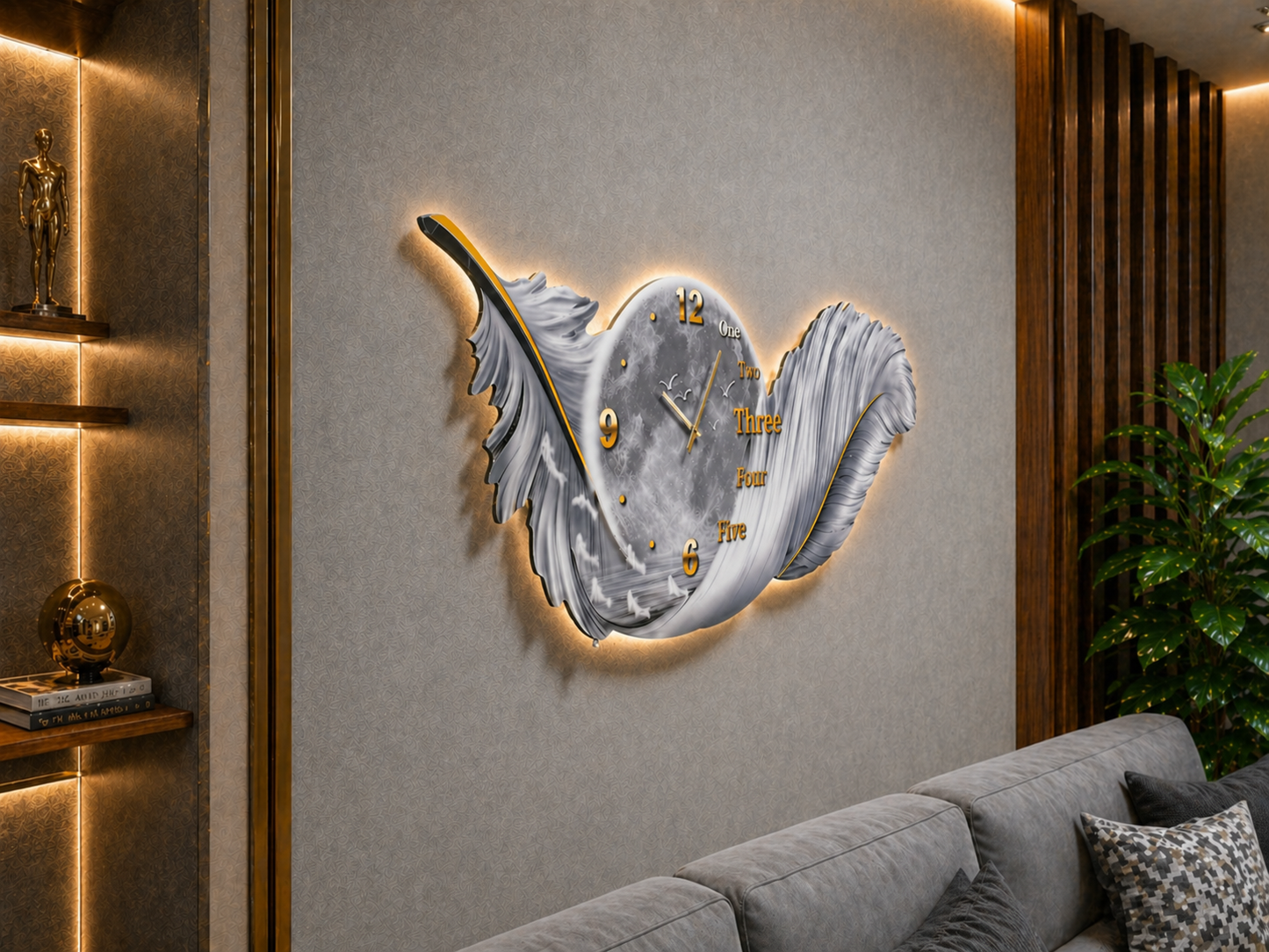 Gümüş Esinti LED Duvar Saati (70×150 cm) – Bluetooth Hoparlör