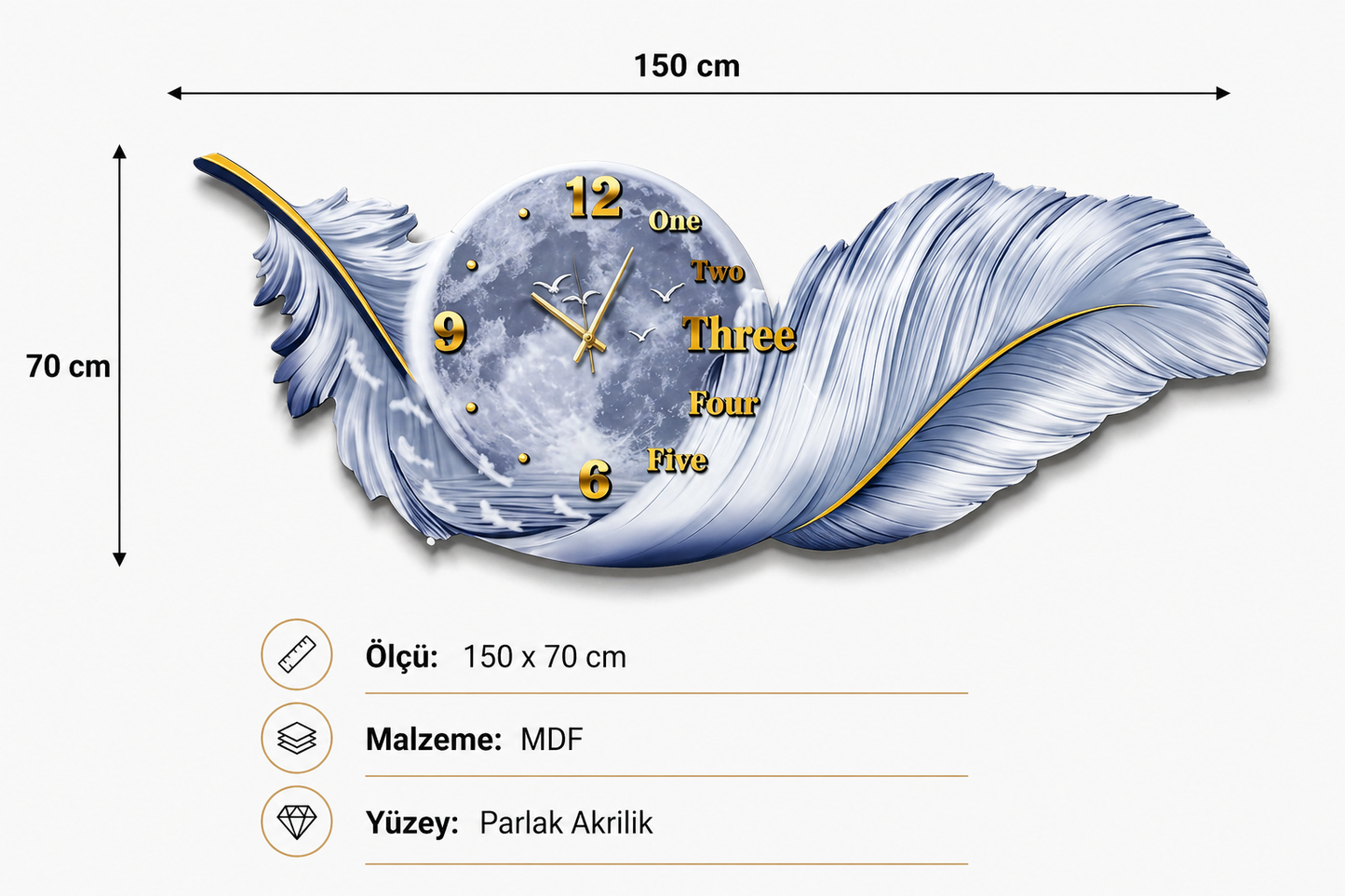 Gümüş Esinti LED Duvar Saati (70×150 cm) – Bluetooth Hoparlör