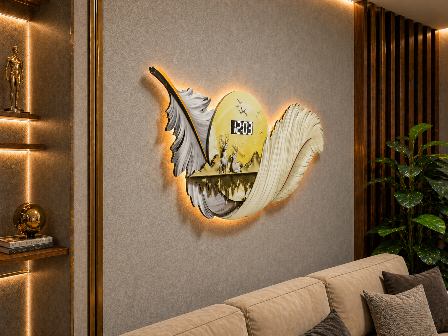 Krem Esinti LED Duvar Saati (70×150 cm) – Bluetooth Hoparlör