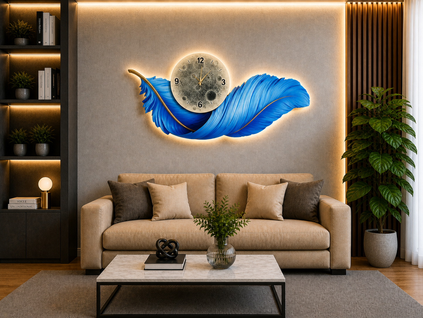 Okyanus Tüyü Akıllı LED Duvar Saati (70×150 cm) – Bluetooth Hoparlör