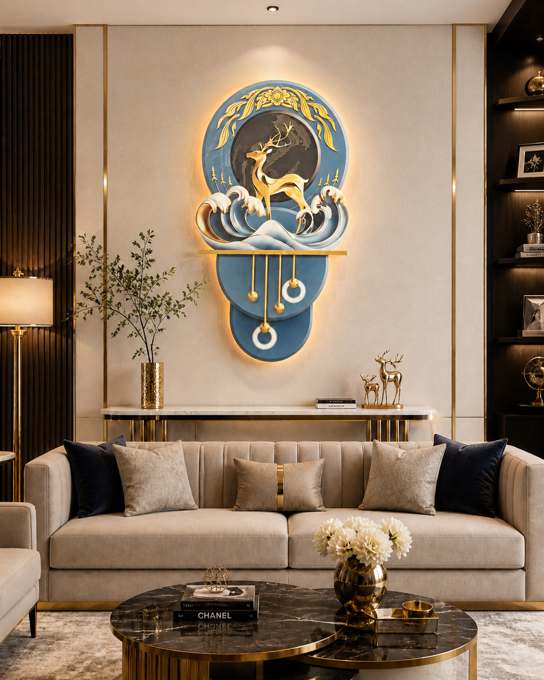 Altın Geyik ve Dalga Motifli Klasik Işıklı Duvar Tablosu (56 cm × 100 cm)