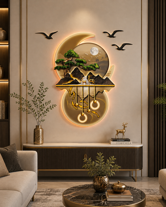 Ay Işığında Orman ve Geyik Figürlü Işıklı Duvar Tablosu (95 cm × 100 cm)