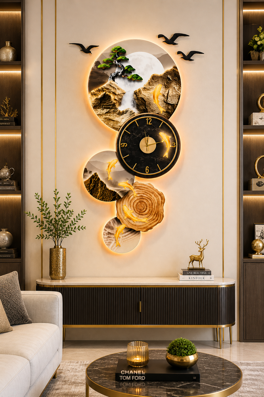 Ay Tonlarında  Saat ve Altın Balık Figürlü Işıklı Duvar Tablosu (85 cm x 140 cm) – Bluetooth Hoparlör