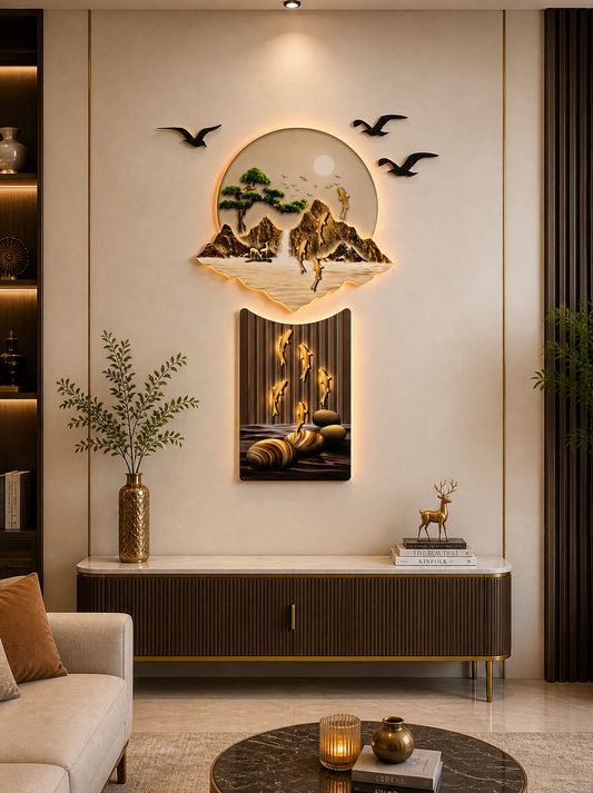 Balık ve Şelale Detaylı Işıklı Doğa Temalı Duvar Tablosu  (70 cm × 115 cm)