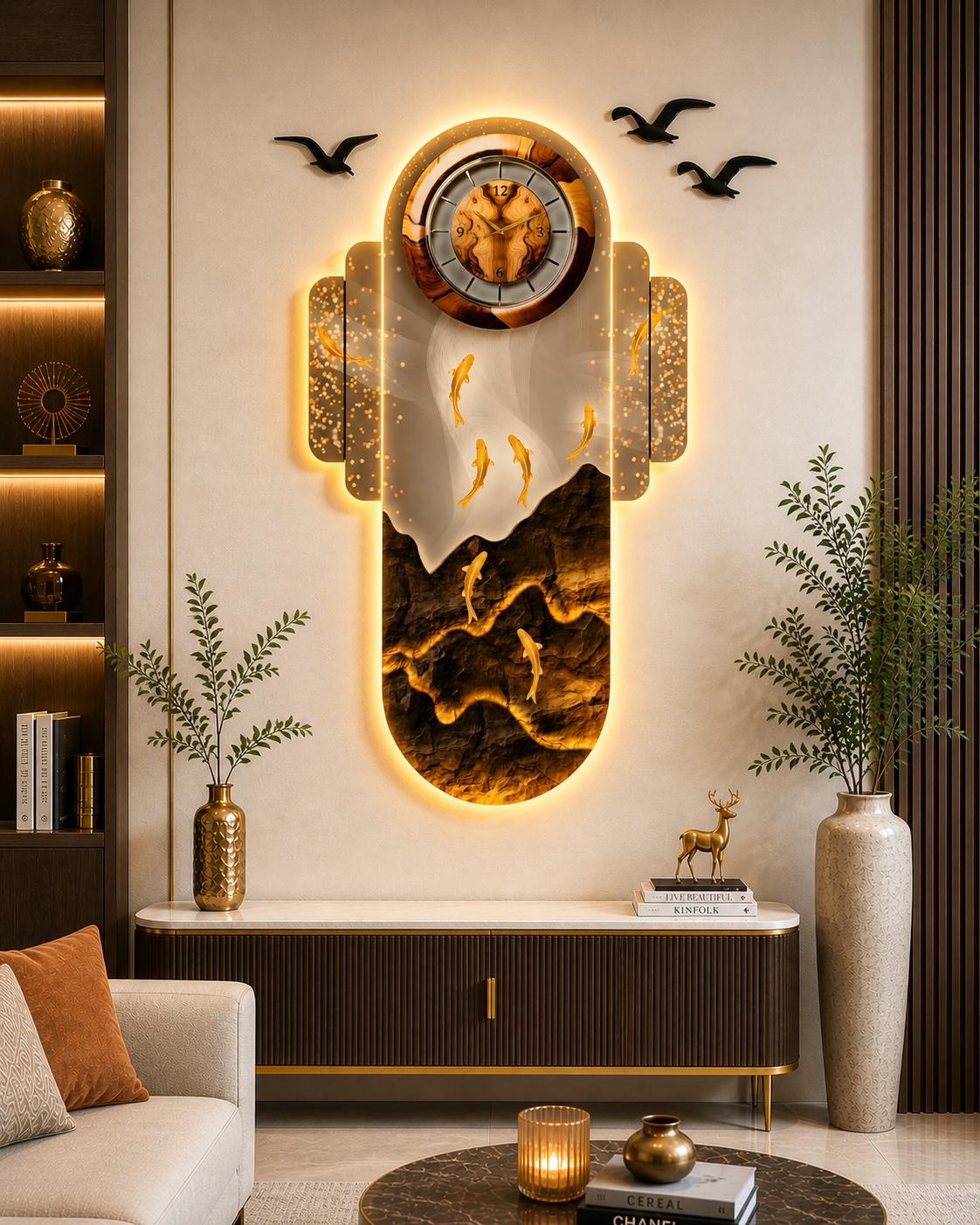 Altın Balık Akışı ve Saat Detaylı Dekoratif Duvar Tablosu (105 cm x 138 cm)