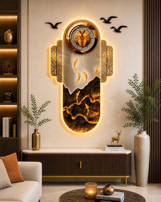 Altın Balık Akışı ve Saat Detaylı Dekoratif Duvar Tablosu (105 cm x 138 cm)
