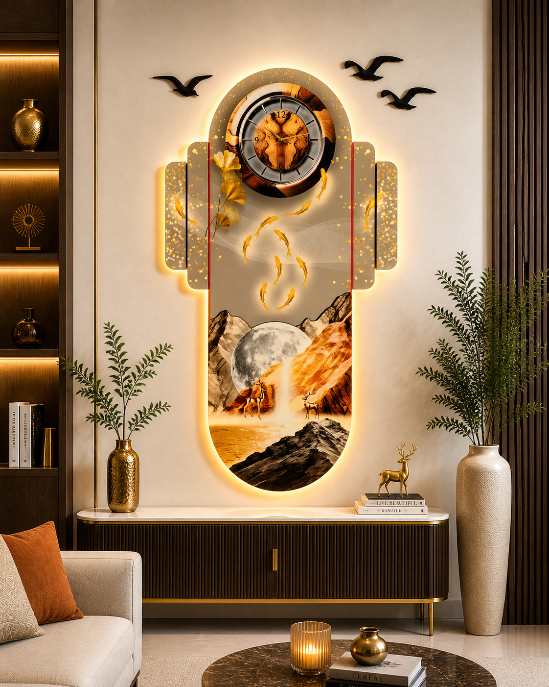 Altın Balık ve Saat Motifli Dekoratif Duvar Tablosu (105 cm x 138 cm)