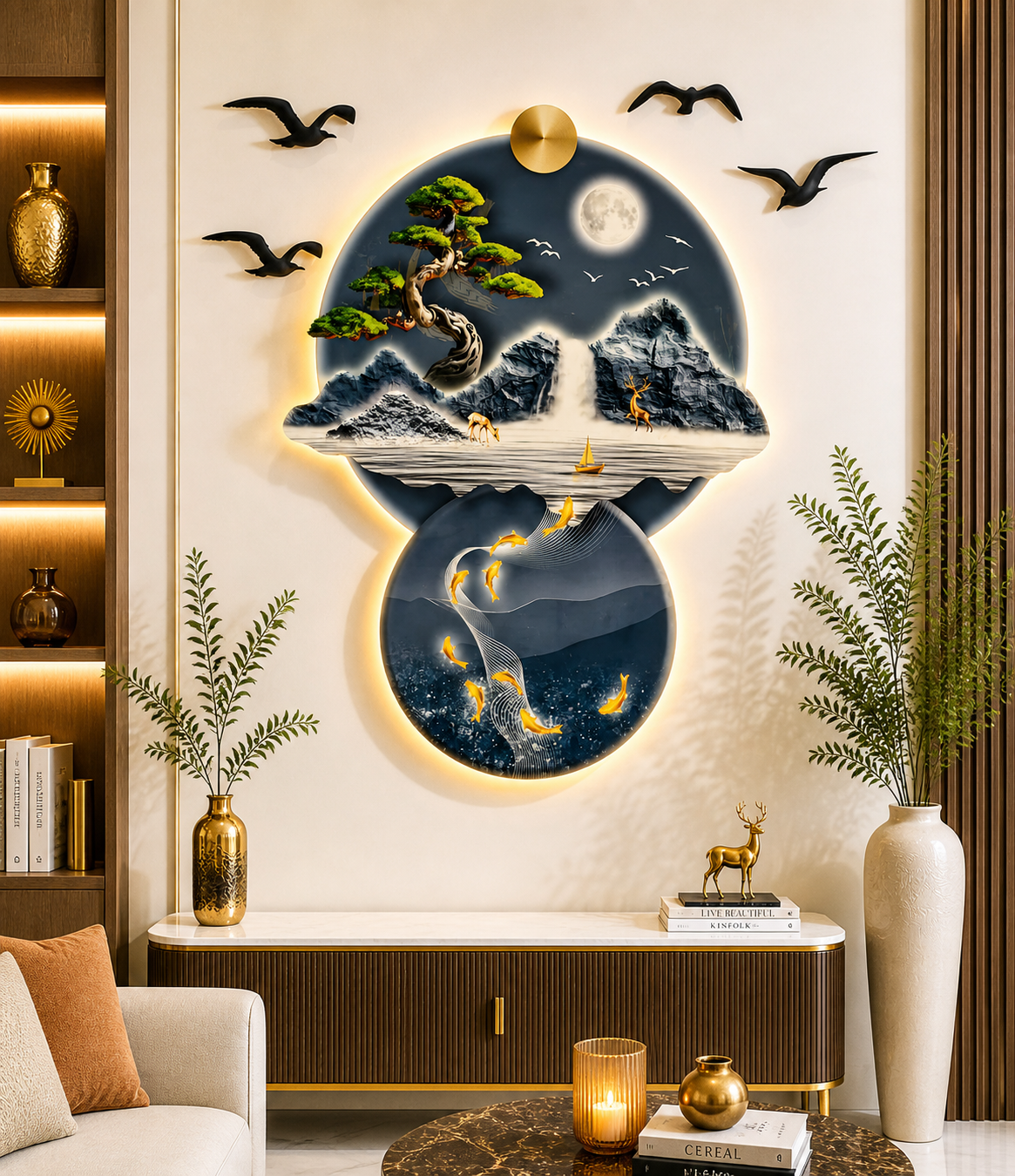 Altın Ufukta Doğanın Ahengi Işıklı Duvar Tablosu (95 cm × 110 cm )