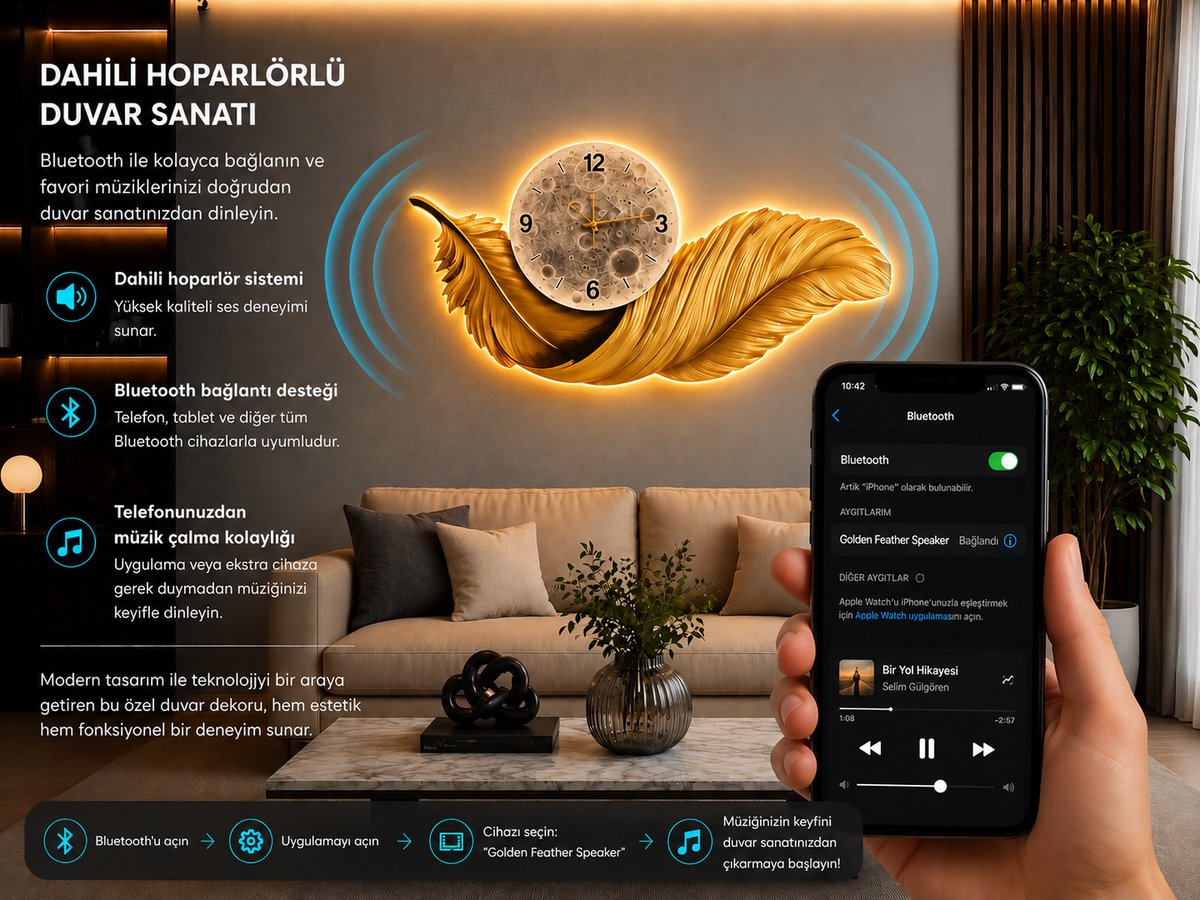 فن الجداري الذهبي المصنوع من الريش بتقنية LED (70×150 سم) – سماعة بلوتوث -WA-10116-2D