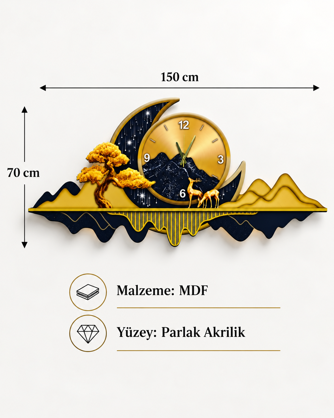 Siyah ve Altın Hilal Dağ LED Duvar Saati (70×150 cm) – Bluetooth Hoparlör