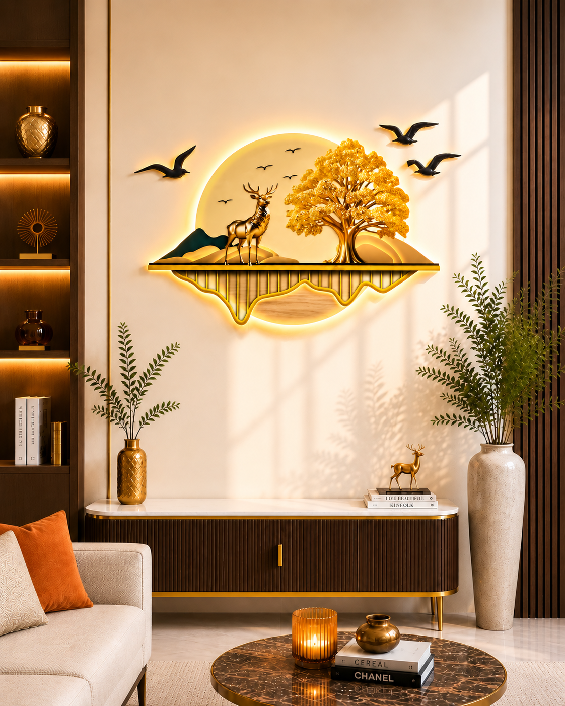 لوحة جدارية بتصميم طبيعي مضيء، شجرة بونساي ذهبية وغزال (130 سم × 65 سم) - WA-10016-2D
