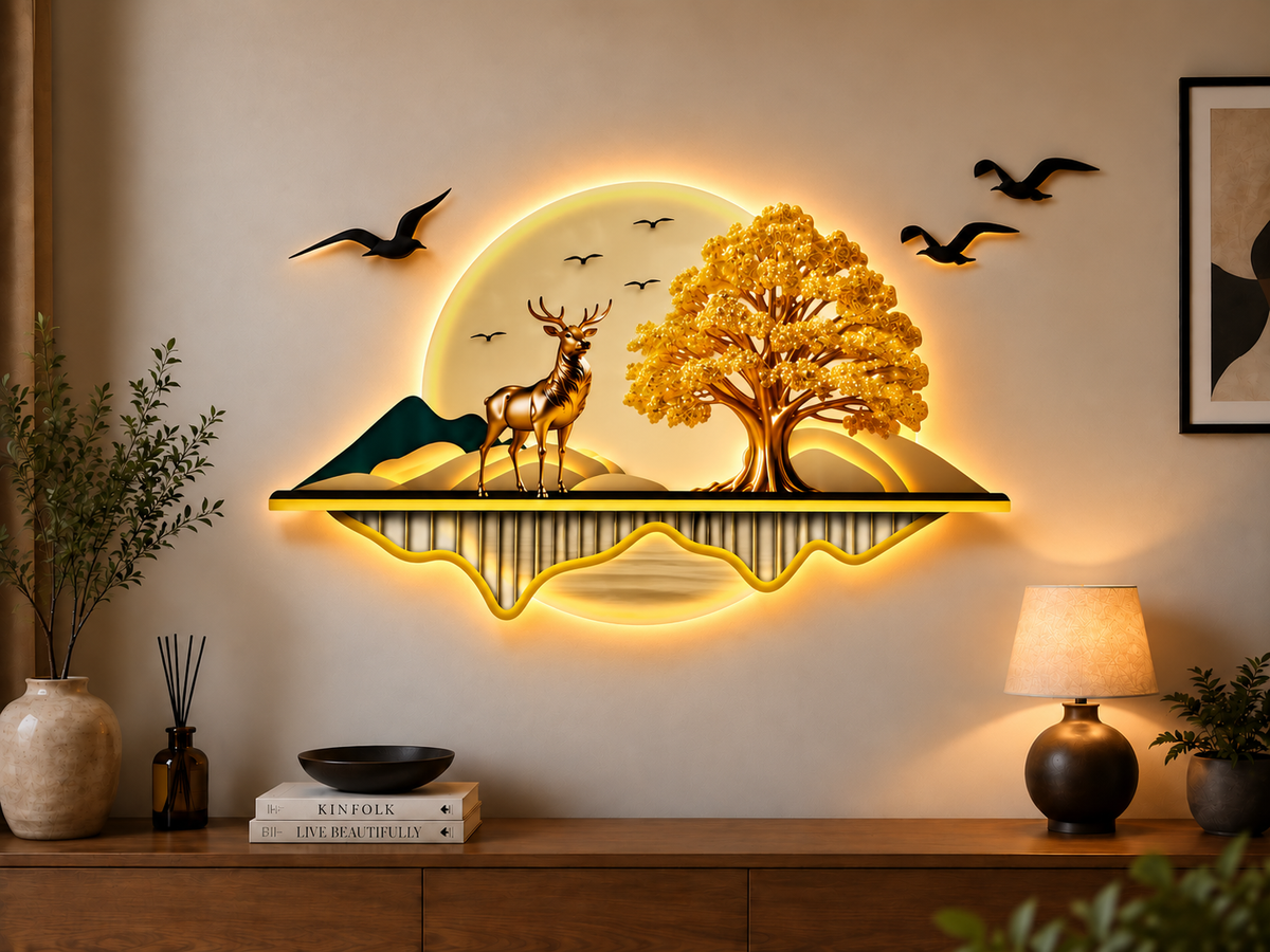 لوحة جدارية بتصميم طبيعي مضيء، شجرة بونساي ذهبية وغزال (130 سم × 65 سم) - WA-10016-2D
