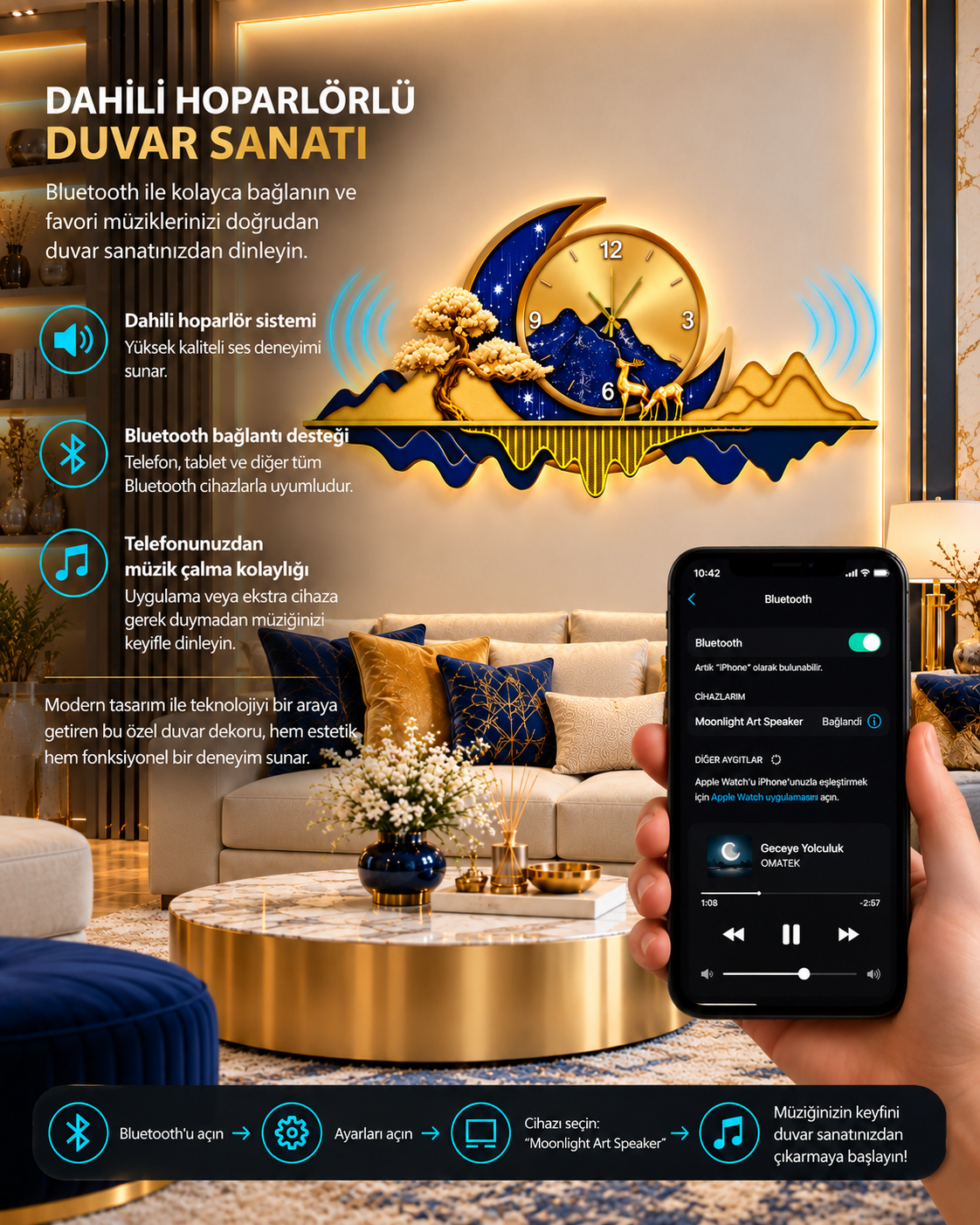 ساعة حائط LED بتصميم الجبل والهلال الذهبي (70×150 سم) – مكبر صوت بلوتوث-WA-10120-2D