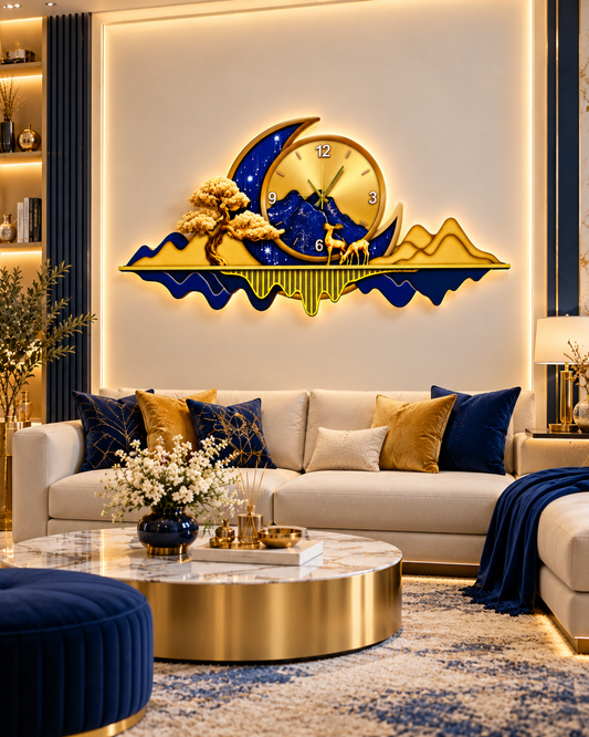ساعة حائط LED بتصميم الجبل والهلال الذهبي (70×150 سم) – مكبر صوت بلوتوث-WA-10120-2D