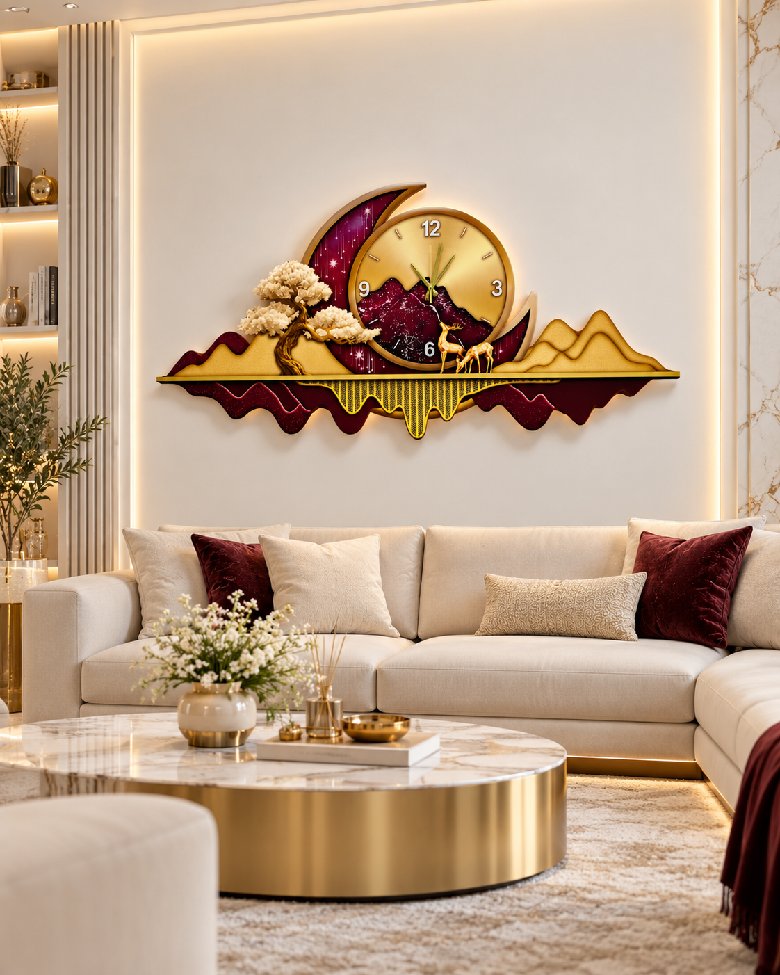 ساعة حائط LED بتصميم الجبل والهلال الذهبي (70×150 سم) – مكبر صوت بلوتوث-WA-10120-2D