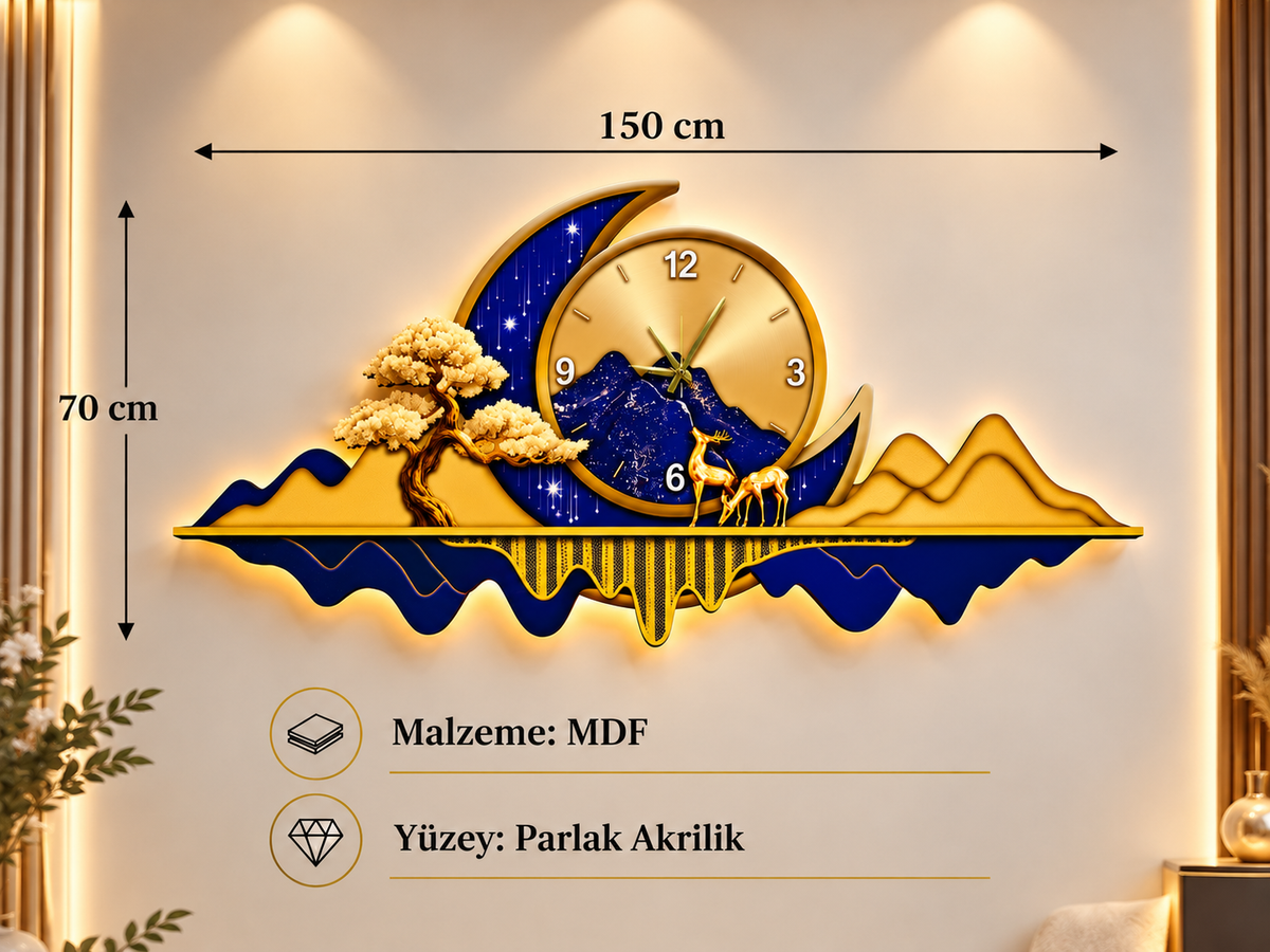 ساعة حائط LED بتصميم الجبل والهلال الذهبي (70×150 سم) – مكبر صوت بلوتوث-WA-10120-2D