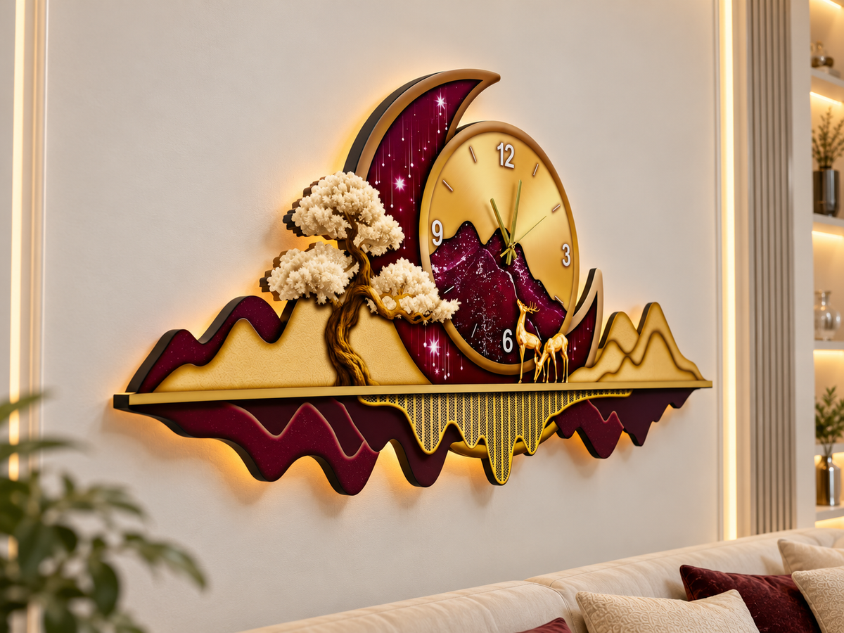 ساعة حائط LED بتصميم الجبل والهلال الذهبي (70×150 سم) – مكبر صوت بلوتوث-WA-10120-2D