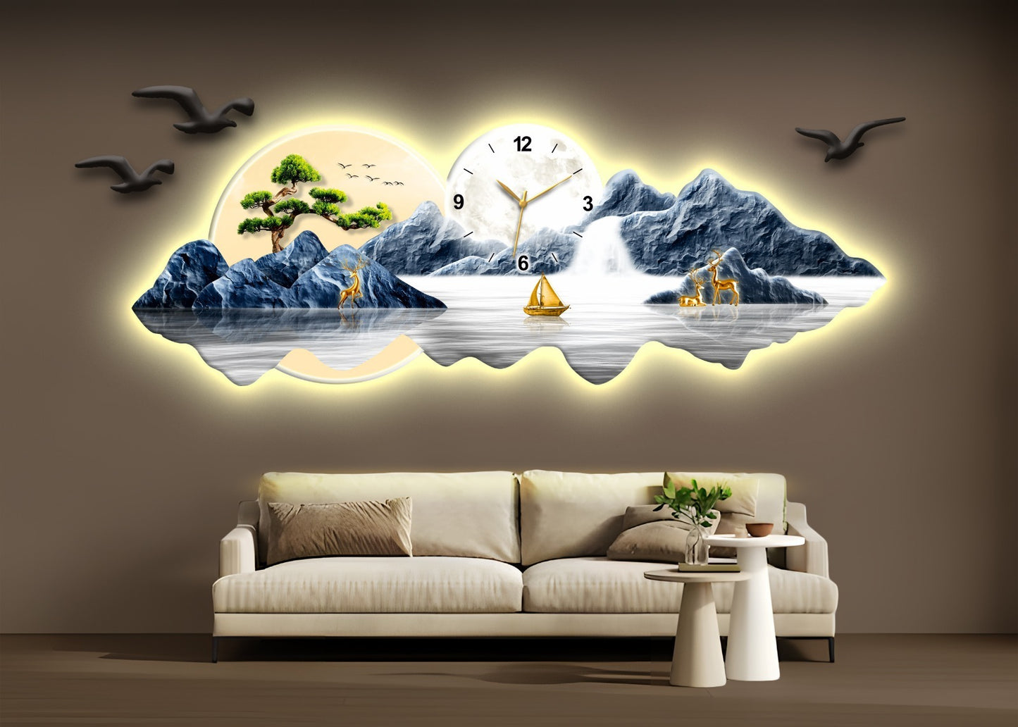 Saat Detaylı Işıklı Dağ, Göl ve Doğa Temalı Duvar Tablosu (150 cm x 52 cm)