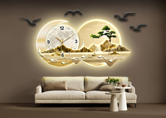 Ay Formlu Saat Detaylı Işıklı Altın Tonlu Doğa Manzarası Duvar Tablosu (100 cm x 60 cm)