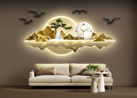 Altın Tonlu Saat Detaylı Işıklı Dağ ve Şelale Temalı Duvar Tablosu (130 cm x 60 cm)